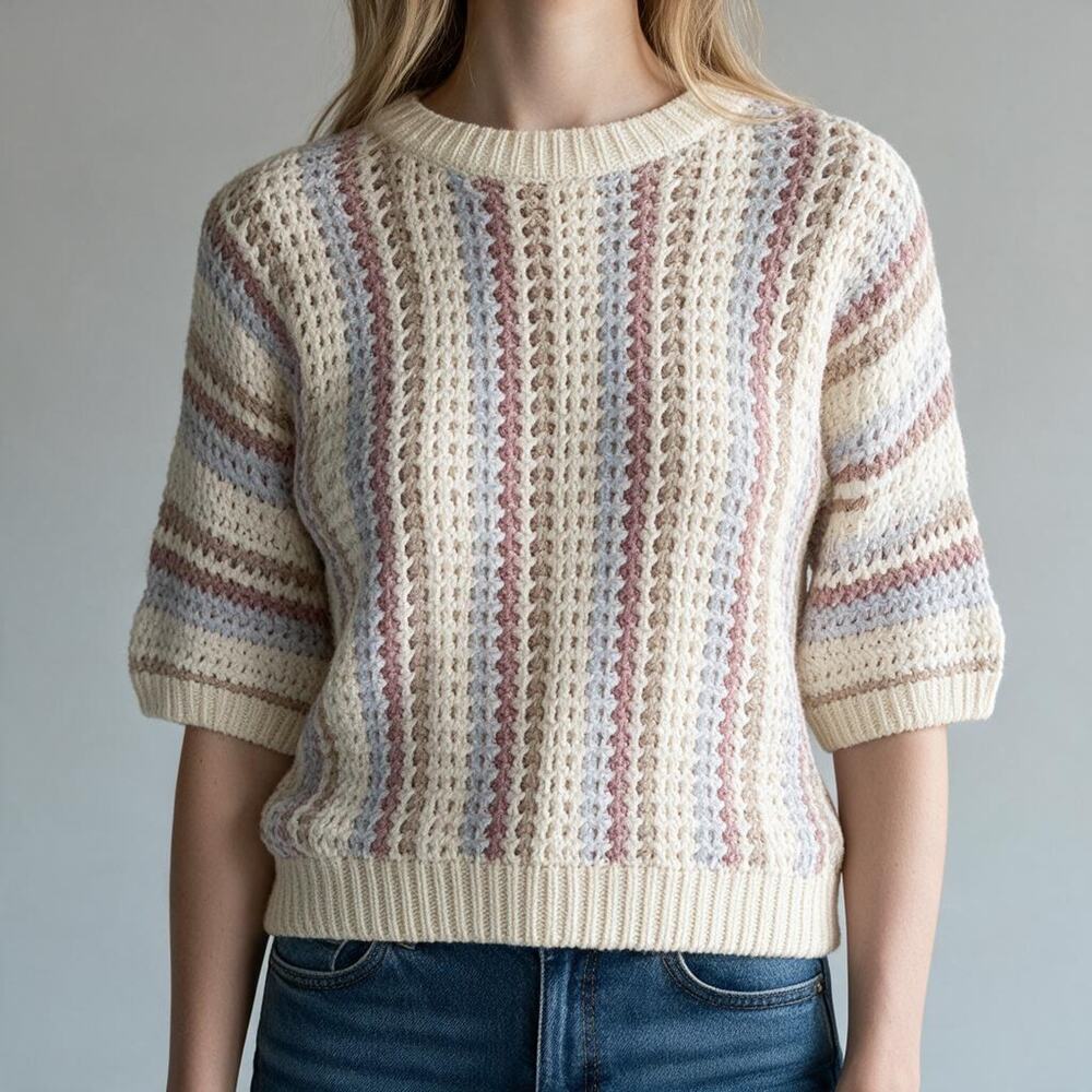 Penroye Women's Sweater Knit Short Sleeve Crew Neck Cream Multicolor